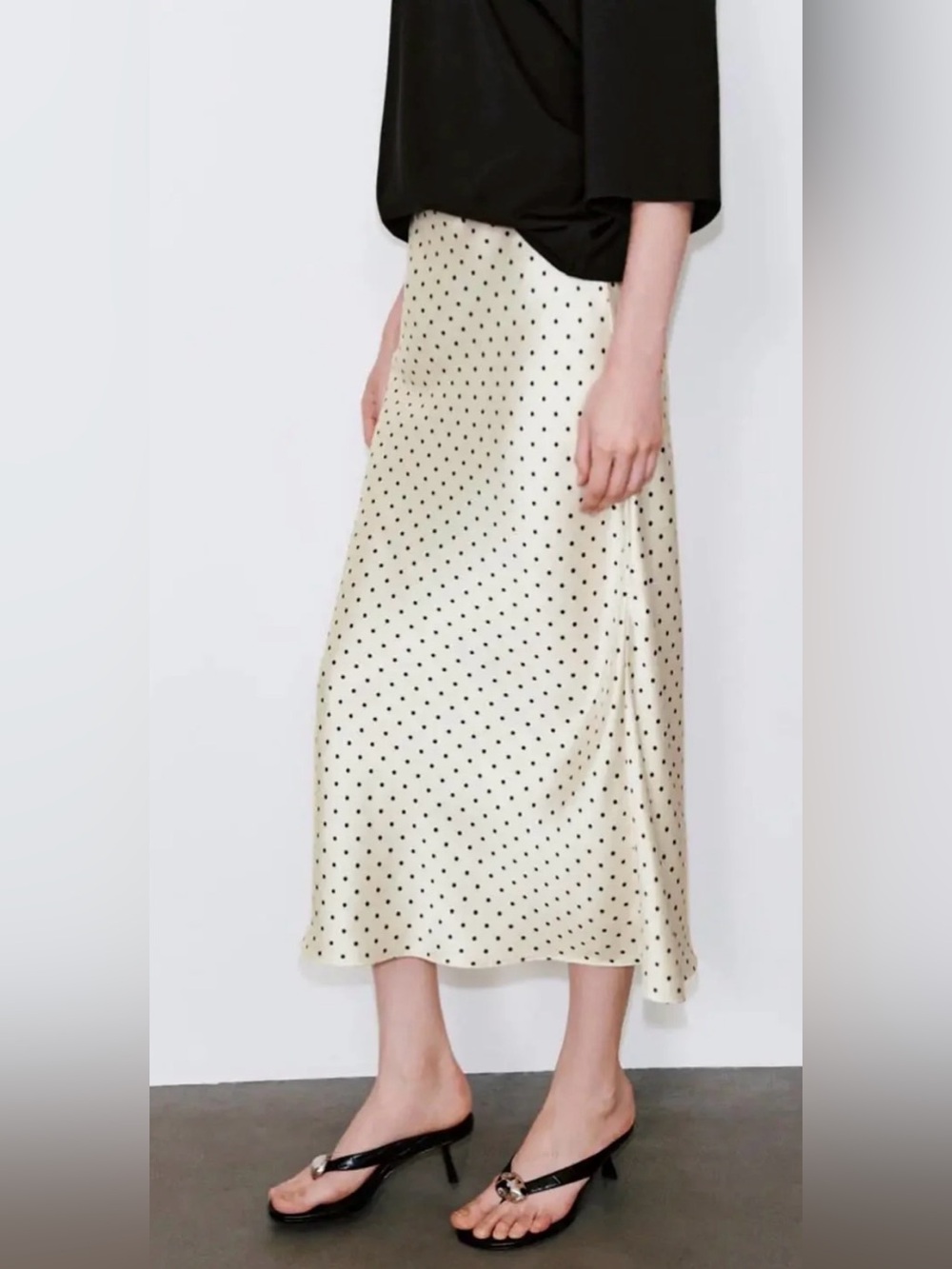 Polka Dot Satin Midi Skirt in Cream Size 6